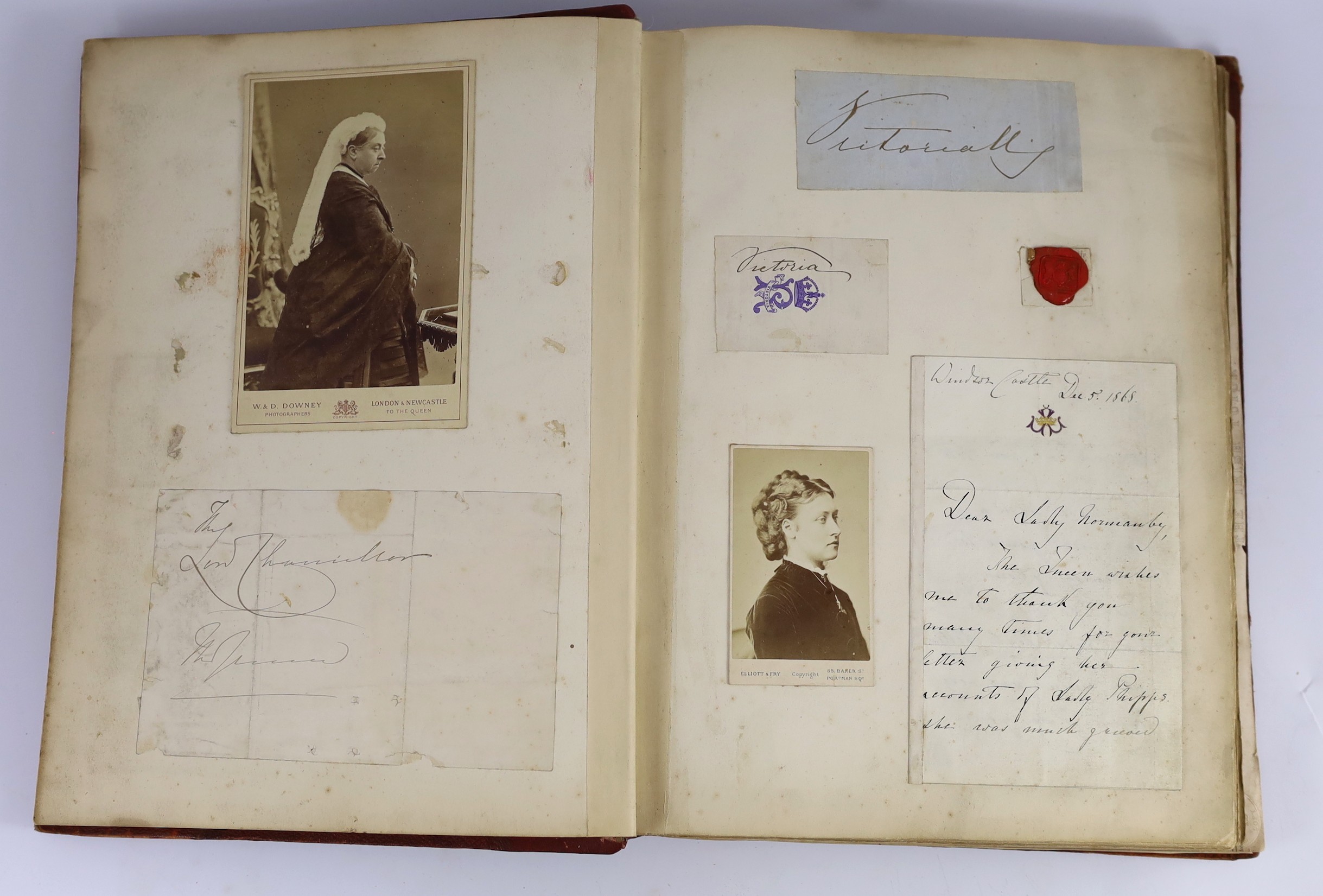 A mid 19th album of autographs, and cabinet photographs, formed by George Joy son of Edward Joy, of Edward Joy and Sons, makers of Filtrate oils, and a Miss Shaw, 130 pages